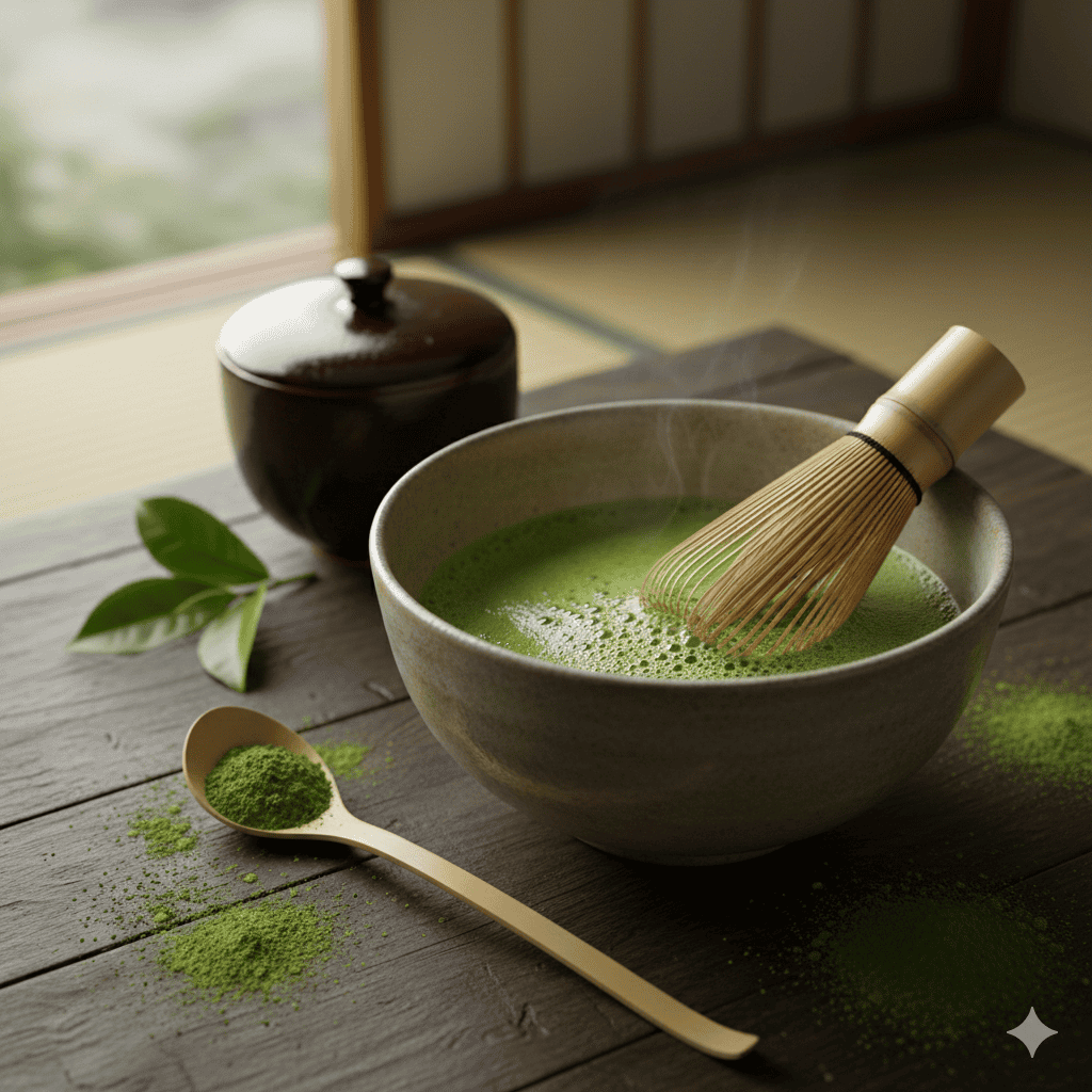 A bowl of bright green matcha tea with a bamboo whisk.