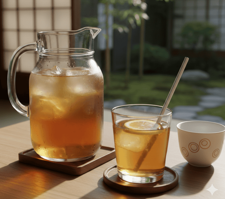 🖼️ Alt Text:
Photo of a glass or cup of mugicha, a traditional Japanese roasted barley tea with a warm amber color.