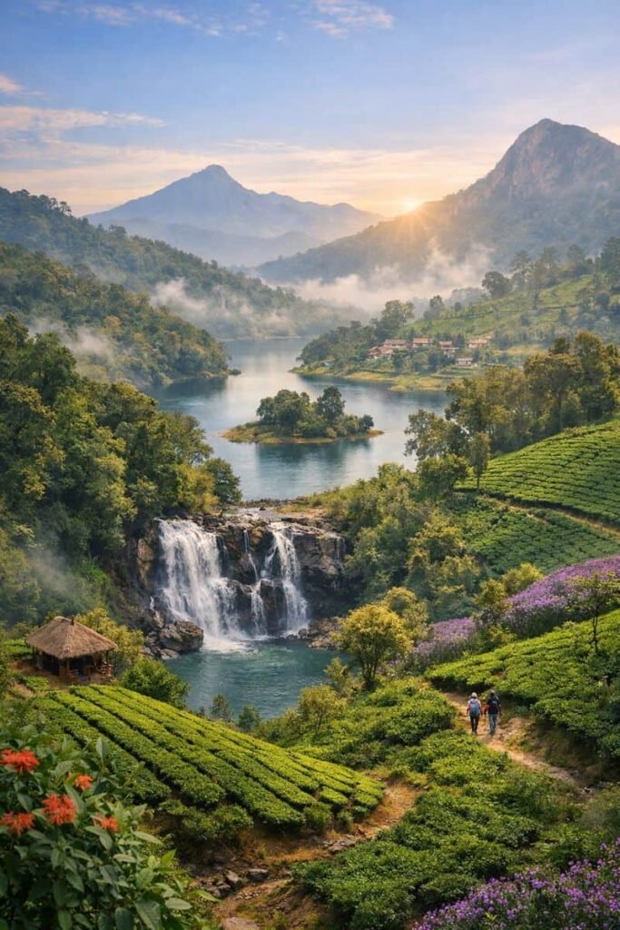 scenic green hills and natural landscape under a blue sky.