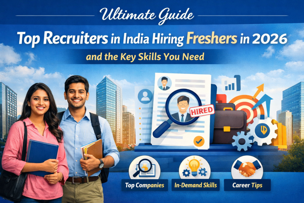 Illustration showing job requirements and essential skills needed for freshers, including resume review, hiring process, and career opportunities.