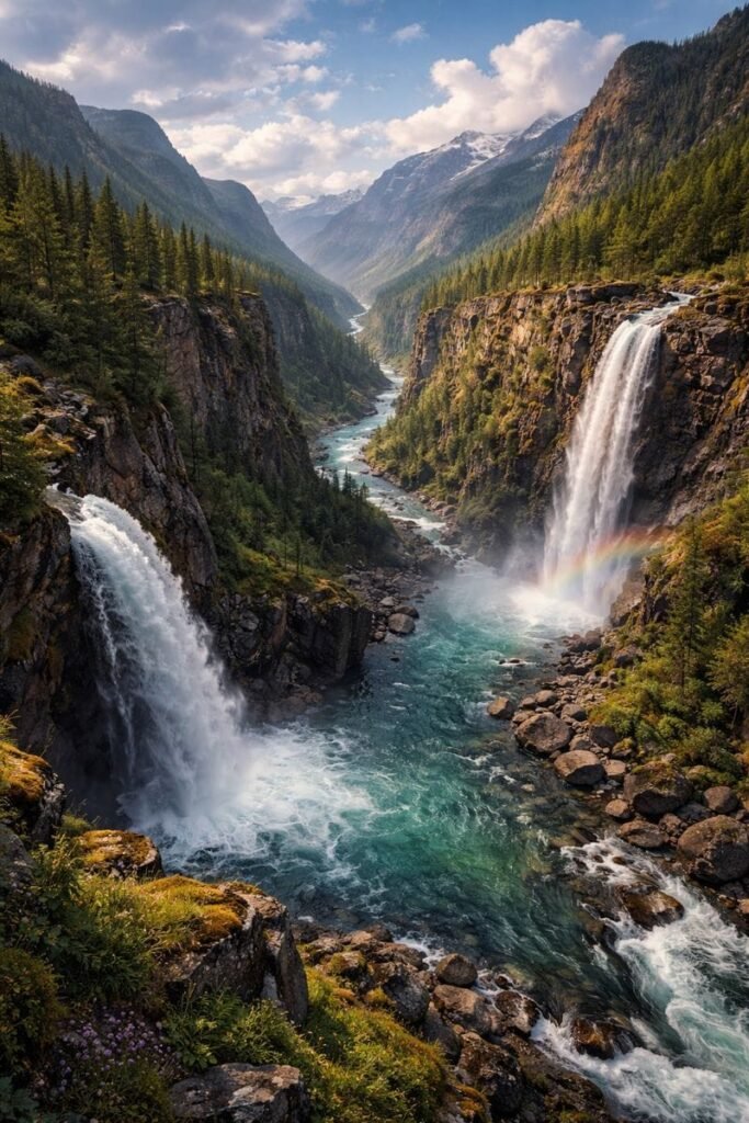 Rivers, gorges, and waterfalls in a lush natural landscape.