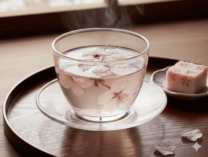 Pink cherry blossom tea (Sakuracha) in a clear cup.