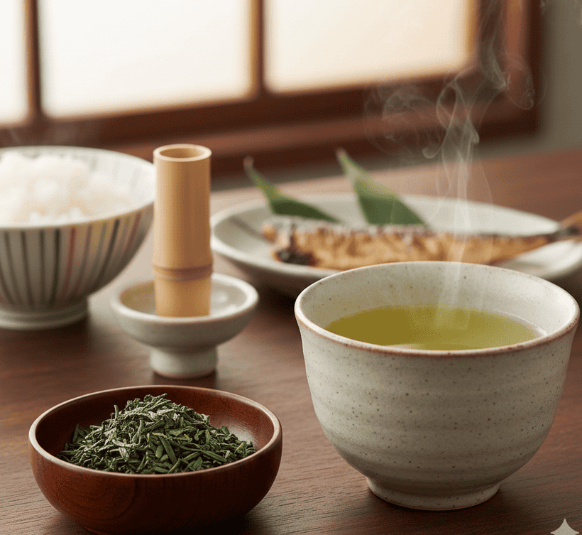 Sencha tea leaves in a green tea bowl.