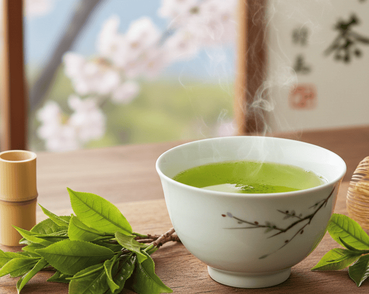 Fresh Japanese Shincha green tea leaves in a traditional bowl.