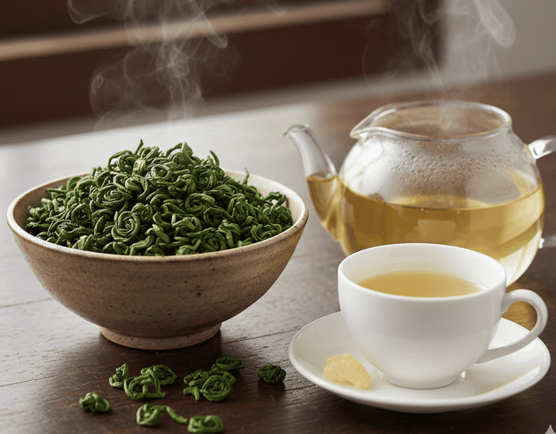 Cup of Tamaryokucha, a Japanese green tea with curled leaves and bright green infusion.