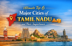 Illustration of iconic landmarks from six major Tamil Nadu cities with bold title text and cultural symbols representing their significance.