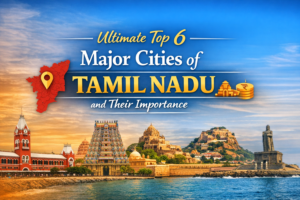 Illustration of iconic landmarks from six major Tamil Nadu cities with bold title text and cultural symbols representing their significance.