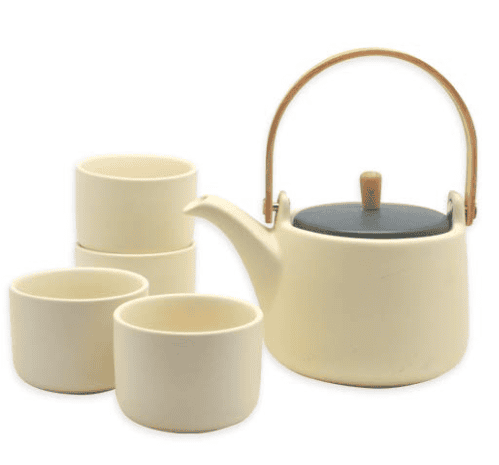 A traditional tea set with a teapot and cups arranged on a tray.