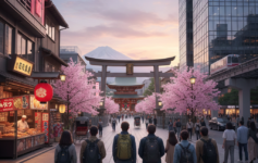 A group of tourists exploring a busy Japanese city street with skyline and landmark buildings.