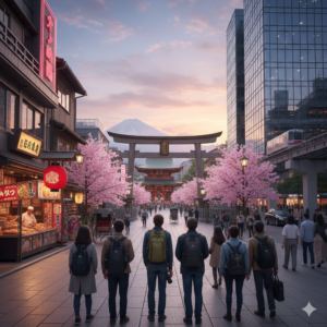 A group of tourists exploring a busy Japanese city street with skyline and landmark buildings.