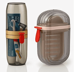 Portable travel soap dish and toothbrush case combo.