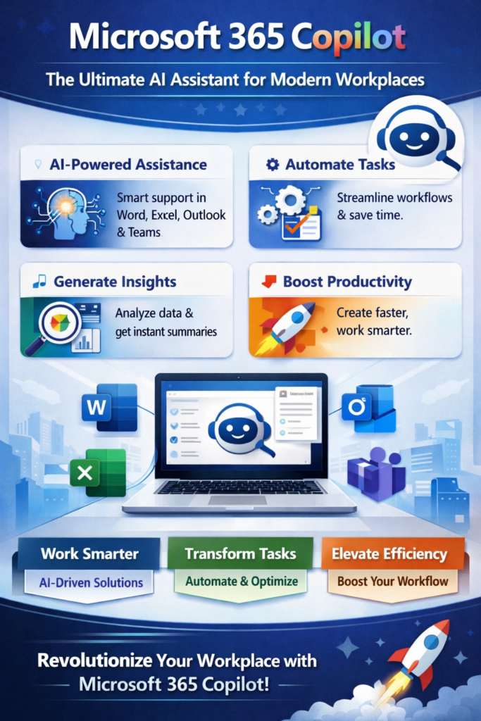 Infographic showcasing Microsoft 365 Copilot features including AI-powered assistance, task automation, data insights, and productivity tools across Word, Excel, Outlook, and Teams.