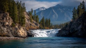 Panoramic map of 6 Banff waterfalls (Bow Falls, Johnston Canyon, Silverton Falls, Cascade Falls, Bow Glacier Falls, Takakkaw Falls) showing distances from Banff townsite, Roam Transit routes, Rocky Mountaineer stations, trailhead parking locations and Icefields Parkway access for 2026 travel planning