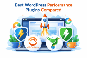 Best WordPress performance plugins comparison showing LiteSpeed Cache, WP-Optimize, Hummingbird, and Jetpack Boost icons