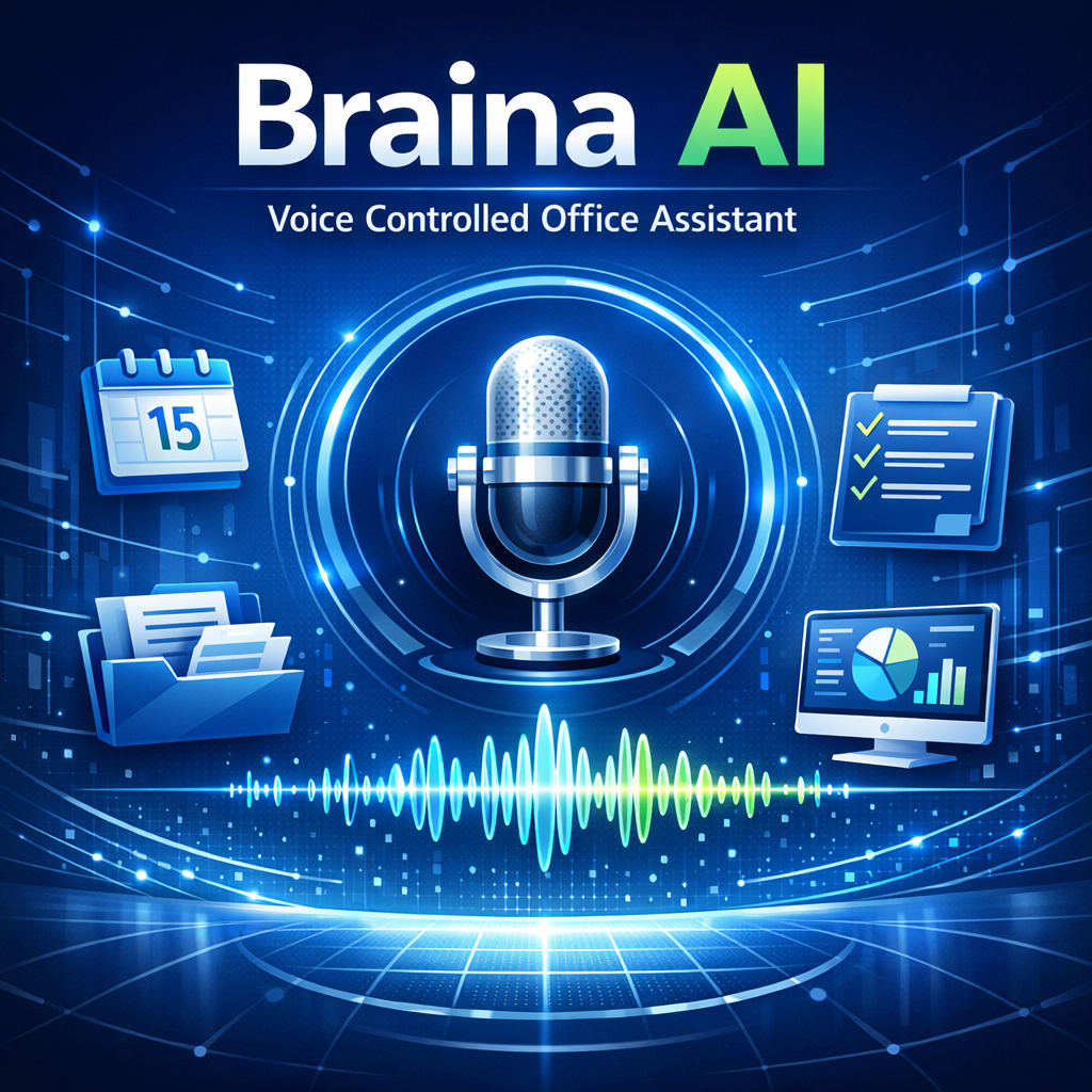 Illustration of Braina AI voice-controlled office assistant with microphone icon, voice wave graphics, and office task icons