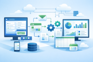 Google Workspace Studio dashboard illustrating app building and automated workflow connections across devices and cloud services
