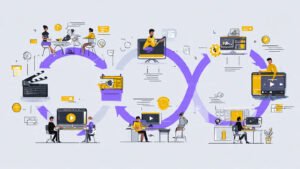 Step-by-step infographic showing the video production workflow, covering pre-production, production, and post-production stages