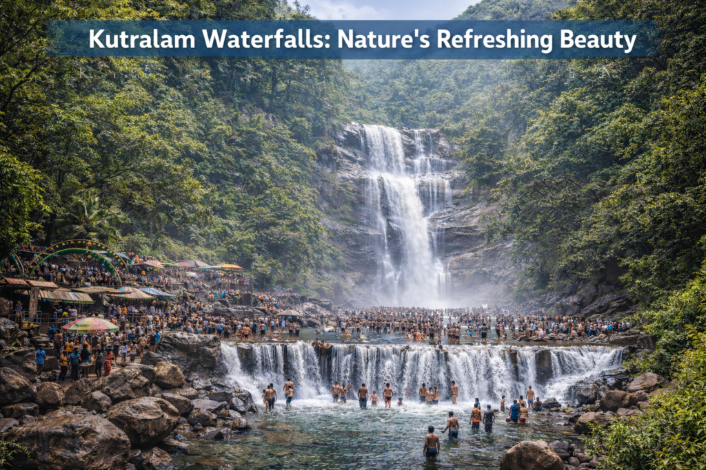 Kutralam waterfalls flowing over rocky slopes through dense forest in Tamil Nadu