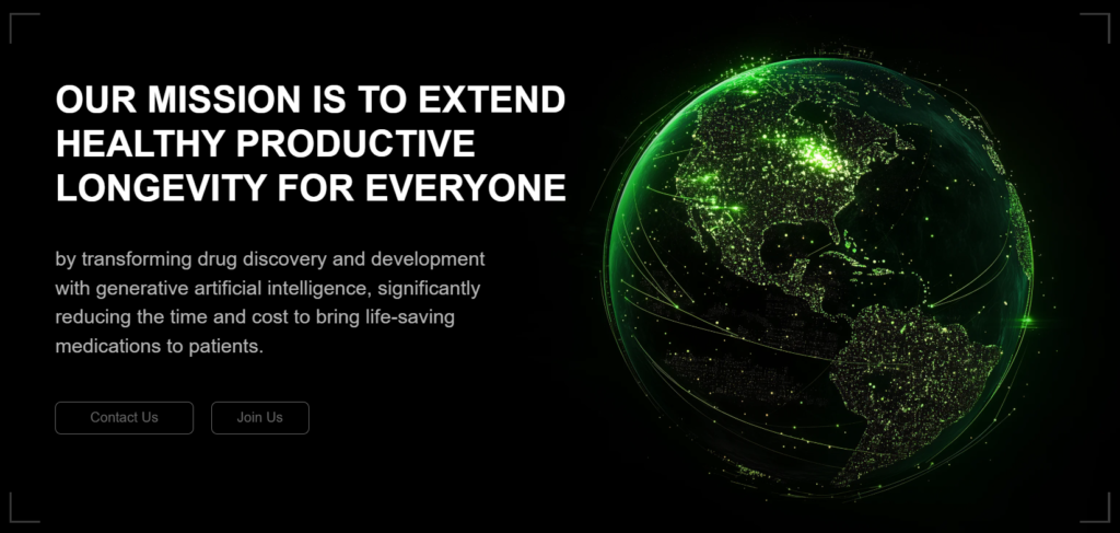 Graphic of a glowing digital Earth with text about extending healthy longevity through AI drug discovery and development.
