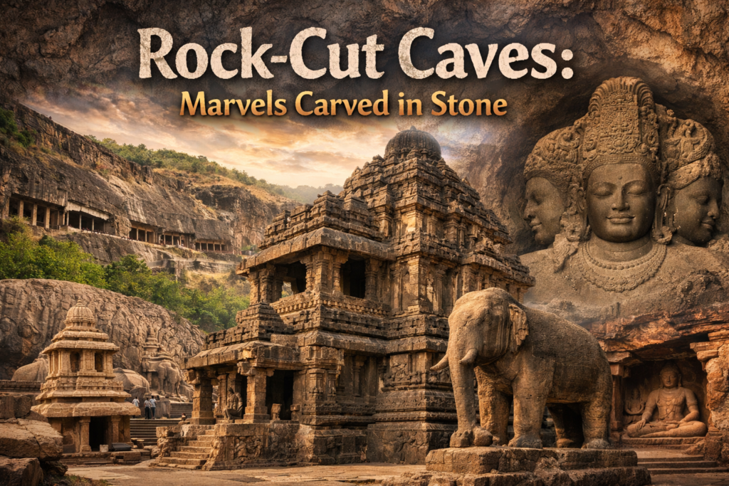 Ancient rock-cut cave temples with intricate stone carvings and a large elephant sculpture at the entrance.