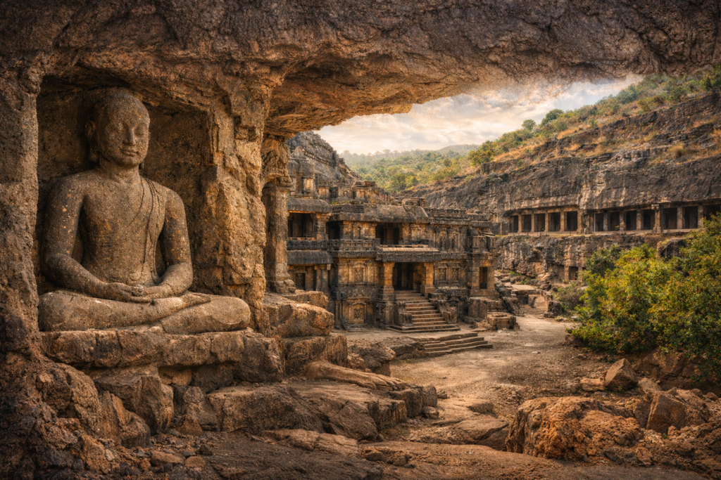 Stone Buddha statue inside an ancient rock-cut cave temple overlooking historic carved structures