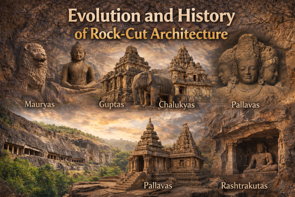 Illustration showing the evolution of rock-cut architecture with ancient caves, stone temples, sculptures, and carved monuments.