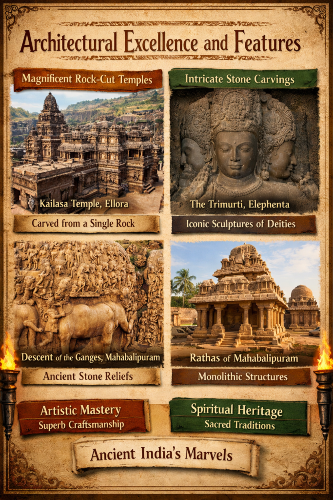 Ancient rock-cut cave temple carved into a cliff with detailed stone pillars and sculptures.