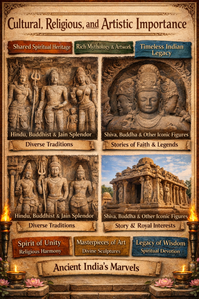 Interior of an ancient rock-cut cave temple featuring carved stone pillars and detailed architectural sculptures.