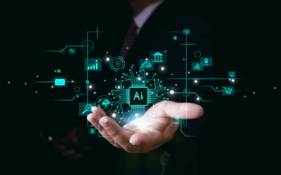 Business professional holding a glowing AI microchip surrounded by digital technology icons such as cloud, graphs, banking, and connectivity symbols.