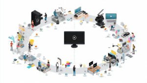 Infographic of the top 10 AI video creation tools with audio narration icons and names