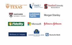 Logos of University of Texas at Austin, Stanford University Research, Harvard Business School, Goldman Sachs, Microsoft, McKinsey & Company, and other global organizations using Financial AI agents