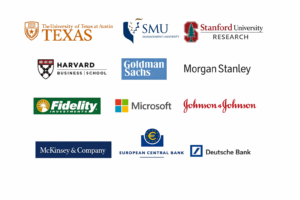 Logos of University of Texas at Austin, Stanford University Research, Harvard Business School, Goldman Sachs, Microsoft, McKinsey & Company, and other global organizations using Financial AI agents
