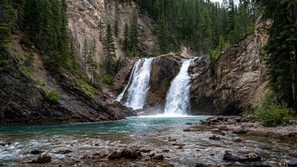 Silverton Falls 50m cascade in Banff National Park along Bow Valley Parkway, 30km from Banff townsite with Rockbound Lake trailhead parking, Roam Transit Route 9 connection from Johnston Canyon, short 2km easy-moderate hike through forest to multi-tiered waterfall viewpoint 2026