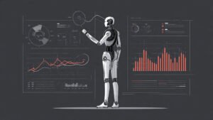 A futuristic financial analyst's workspace with AI-powered tools and data visualization