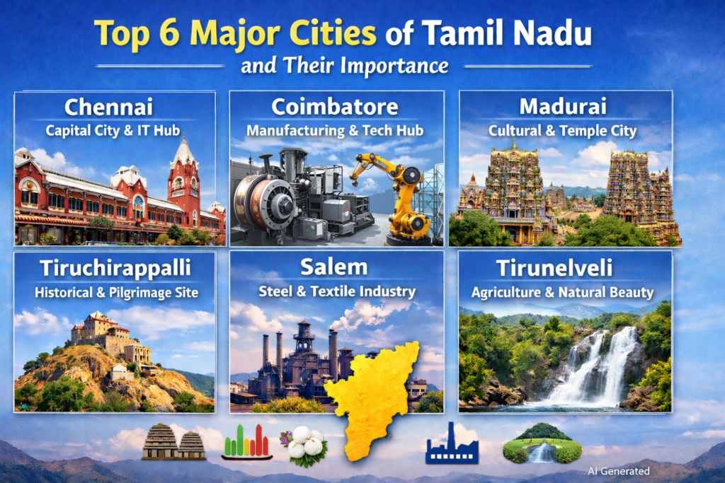 nfographic showing the top 6 major cities of Tamil Nadu—Chennai, Coimbatore, Madurai, Tiruchirappalli, Salem, and Tirunelveli—with images and their importance such as IT hub, cultural center, and industrial growth, with “AI Generated” text at the bottom right.