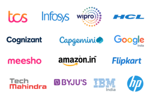 Transparent logo image of top companies including TCS, Infosys, Wipro, HCL Technologies, Accenture, Cognizant, Capgemini, Amazon India, Google India, Flipkart, Meesho, BYJU’s, Tech Mahindra, IBM India, and HP recruiting freshers