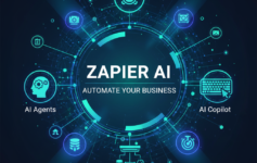 A modern digital office workspace showing a laptop with AI automation dashboards, floating data charts, and neural network elements representing Zapier AI tools
