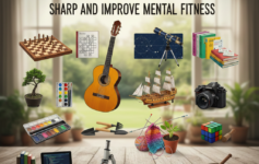 A group of diverse people in a modern, sunlit workspace engaging in various brain-boosting hobbies like playing chess, solving puzzles, coding, and practicing music.