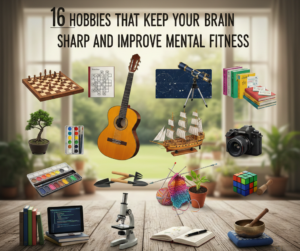 A group of diverse people in a modern, sunlit workspace engaging in various brain-boosting hobbies like playing chess, solving puzzles, coding, and practicing music.