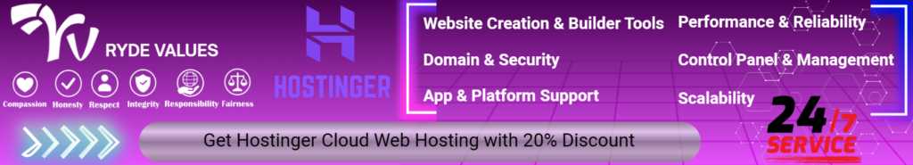Banner showing a cloud hosting advertisement for Hostinger with icons and service features.