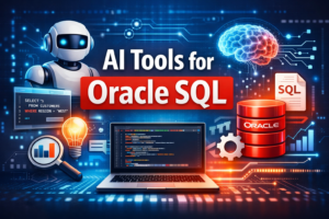 AI tools for Oracle SQL showing AI-powered SQL generation, Oracle database icons, and query optimization concepts