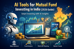 AI-powered tools for mutual fund investing in India showing portfolio growth, SIP planning, and market analysis with artificial intelligence