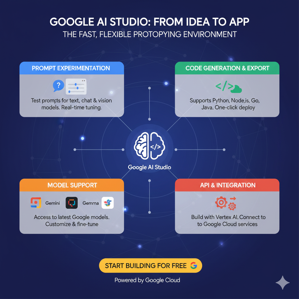 An infographic for Google AI Studio showing four quadrants: Prompt Experimentation, Code Generation & Export, Model Support for Gemini and Gemma, and API Integration with Google Cloud.