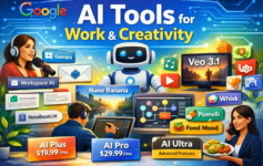 Illustration of Google AI tools including Gemini, Workspace AI, Veo 3.1, Nano Banana, Whisk, and AI Plus, Pro, Ultra pricing plans.