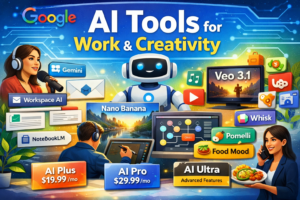 Illustration of Google AI tools including Gemini, Workspace AI, Veo 3.1, Nano Banana, Whisk, and AI Plus, Pro, Ultra pricing plans.