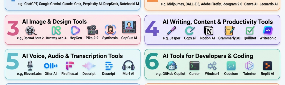 nfographic showing the best AI tools of 2026 including ChatGPT, Claude, Midjourney, GitHub Copilot, and Surfer SEO organized by category with star ratings