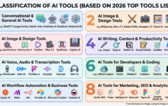 nfographic showing the best AI tools of 2026 including ChatGPT, Claude, Midjourney, GitHub Copilot, and Surfer SEO organized by category with star ratings