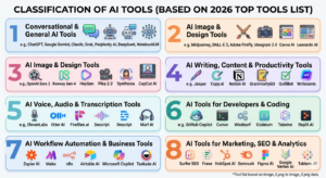 nfographic showing the best AI tools of 2026 including ChatGPT, Claude, Midjourney, GitHub Copilot, and Surfer SEO organized by category with star ratings