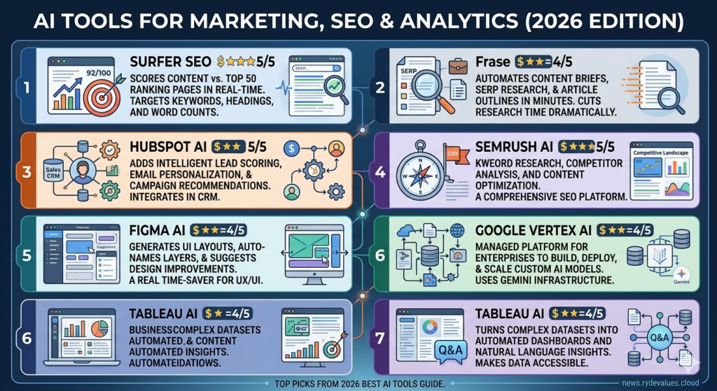 Infographic showing top 2026 AI tools for marketing and SEO, including Surfer SEO, HubSpot AI, Semrush AI, and Tableau AI with their respective 1-5 ratings.