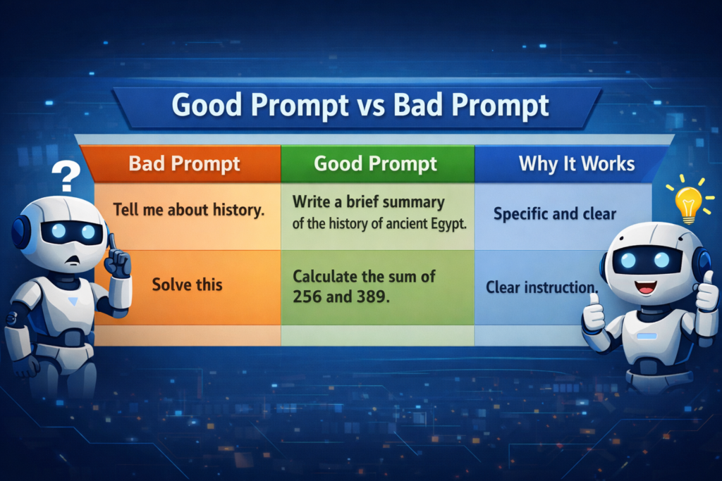 Comparison of good prompt vs bad prompt examples showing how to write effective AI prompts